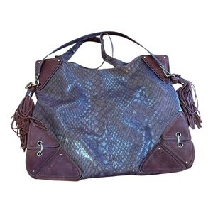 Y2K Boho Hobo Tote Snake Embossed Tassel Bag Purple Brown Jessica Simpson